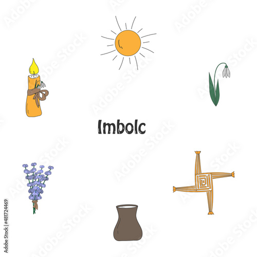Imbolc symbols set. Pagan theme of the wheel of the year.  Vector 