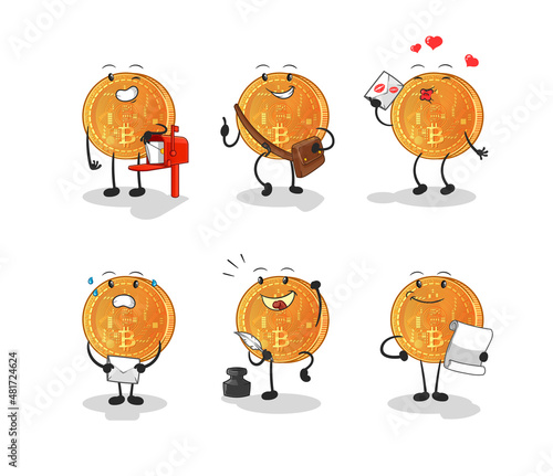 bitcoin postman set character. cartoon mascot vector