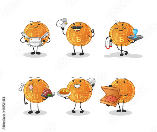 bitcoin restaurant group character. cartoon mascot vector