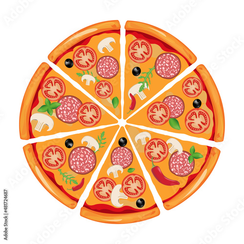Fresh pizza with tomatoes, mushrooms, olive oil, sausage, pepper, and basil. Traditional Italian fast food. Food with a view to the top. European snack. Isolated white background. The previous illustr