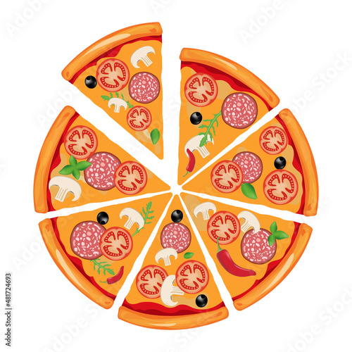 Fresh pizza with tomatoes, mushrooms, olive oil, sausage, pepper, and basil. Traditional Italian fast food. Food with a view to the top. European snack. Isolated white background. The previous illustr