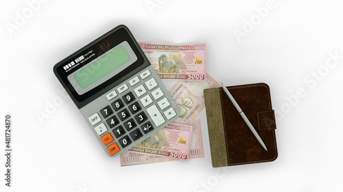 Billede på lærred 3D rendering of an isolated composition of 5000 Rwandan franc notes, a calculato