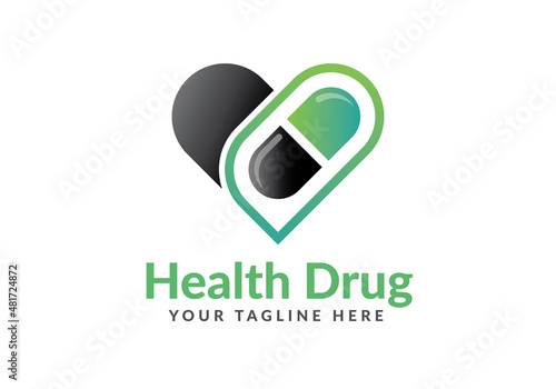 Health Drug Medical healthcare Clinic Hospital Pharmacy Logo. Love heart Pill Capsule Tablet Logo Design vector Template.