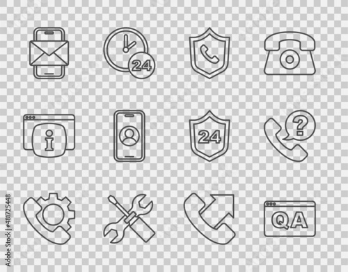 Set line Telephone 24 hours support, Question and Answer, Screwdriver wrench spanner, Mobile envelope, and icon. Vector