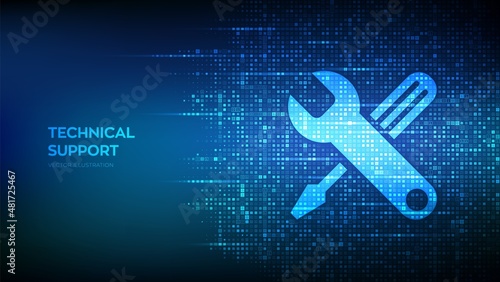 Technical support icon made with binary code. Customer help. Online tech support. Customer service, Business and technology concept. Digital matrix background with digits 1.0. Vector Illustration.