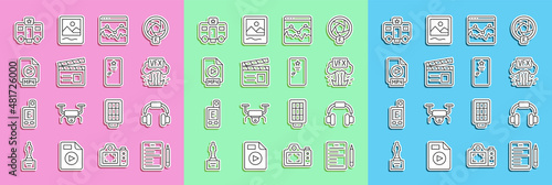 Set line Scenario, Headphones, VFX, Music wave equalizer, Movie clapper, MP4 file document, Actor trailer and Backstage icon. Vector
