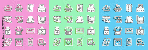 Set line Delivery truck with heart, First aid kit, Free overnight stay house, Blood donation, Rescue helicopter, Donation food, Humanitarian ship and Trash can icon. Vector