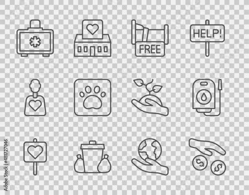Set line Location with heart, Donation and charity, Free overnight stay house, Trash can, First aid kit, Paw print, Hand holding Earth globe and Blood donation icon. Vector