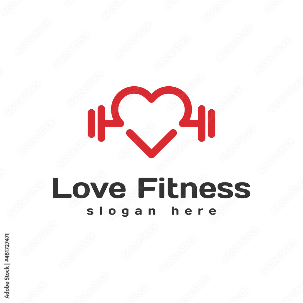 Fitness Fit Sport Gym Healthy Love Care Lovers logo design concept. Heart symbol and  Dumbbell Barbell logo design vector