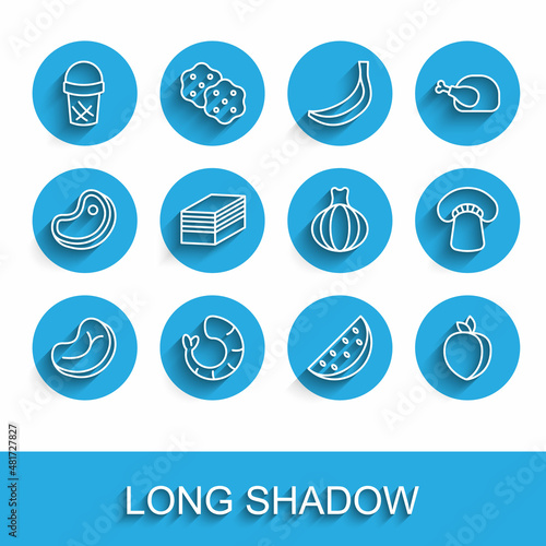 Set line Steak meat, Shrimp, Ice cream in waffle, Watermelon, Plum fruit, Piece of cake, Mushroom and Onion icon. Vector