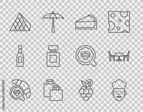 Set line Coffee cup with croissant, Cook, Cherry cheesecake slice, Paper shopping bag, Louvre glass pyramid, Perfume, Grape fruit and French cafe icon. Vector