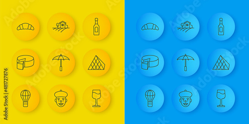 Set line Hot air balloon, Cheese, Umbrella for beach, Wine glass, Louvre pyramid, Croissant, Champagne bottle and Village landscape icon. Vector