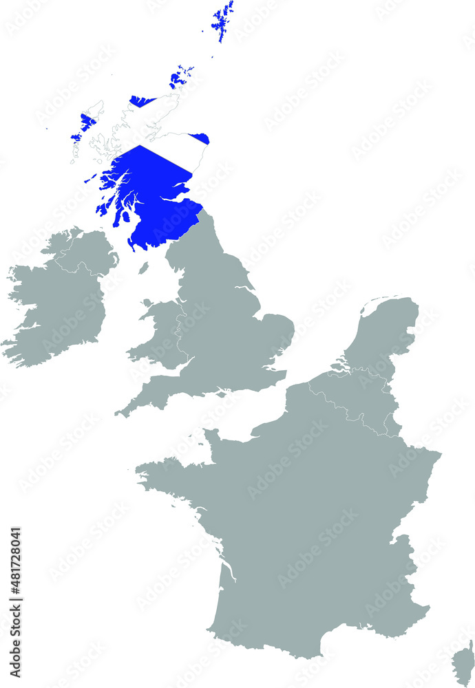 Obraz premium Map of Scotland with national flag within the gray map of Western Europe