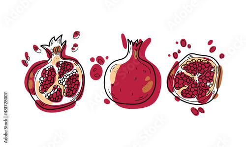 Whole and cut pomegranate icon set. Doodle line and flat shapes cartoon vector illustration.