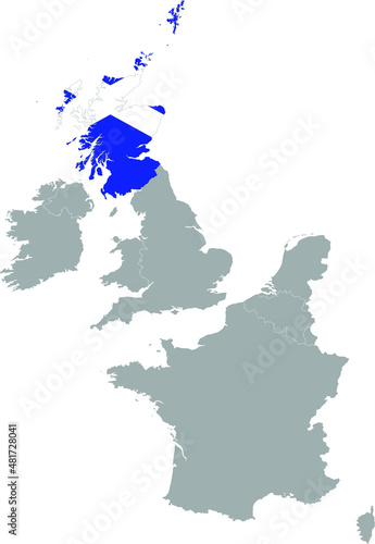 Map of Scotland with national flag within the gray map of Western Europe