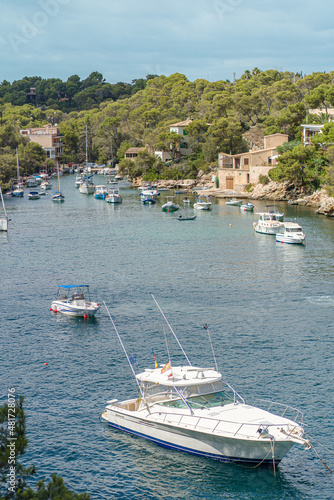 Landscape of Spain Island Mallorca Cala Figuera, fishermans marine bay with boats in sea port in summertime 