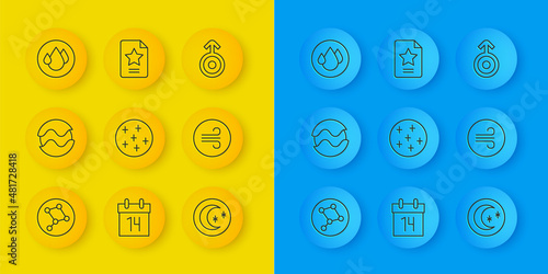 Set line Great Bear constellation, Planet, Full moon, Moon and stars, Windy weather, Water drop, Symbol Uranus and Star zodiac icon. Vector
