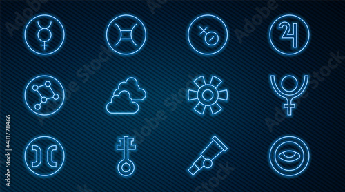 Set line Medallion with eye, Symbol Pluto, Venus symbol, Cloudy weather, Great Bear constellation, Mercury, Sun and Gemini zodiac icon. Vector
