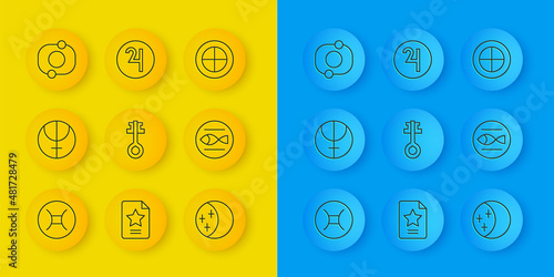 Set line Gemini zodiac, Neptune planet, Old magic key, Eclipse of the sun, Pisces, Solar system, Earth globe and Symbol Jupiter icon. Vector
