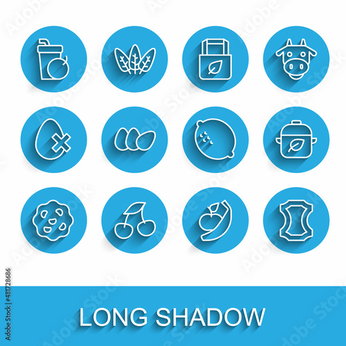 Set line Cookie or biscuit, Fresh berries, smoothie, Apple and banana, Leather, Chicken egg, Vegan food diet and Lemon icon. Vector