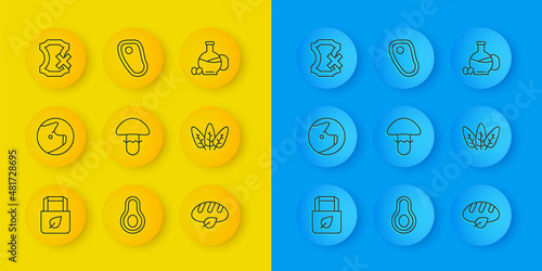 Set line Shopping bag with recycle, Pig, Mushroom, Vegan bread loaf, Leaf, No leather, Bottle of olive oil and Steak meat icon. Vector