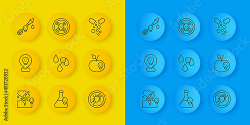 Set line Poisonous cloud of gas or smoke, Radioactive in location, Acid rain, Stop colorado beetle, apple, the arrow, Poisoned pill and Bones and skull icon. Vector