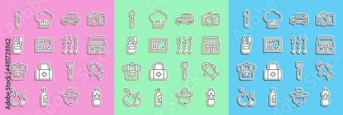 Set line Bottle of water, Fish, Home stereo with two speakers, Car, Folded map, Lighter, Spoon and Grilled shish kebab skewer icon. Vector
