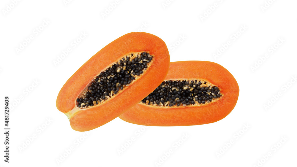 Ripe papaya, cut in half, a healthy fruit. Contains vitamins as vegetarian food isolated on white background with clipping path. Ripe papaya, cut in half, a healthy fruit. Contains vitamins as vegetarian food isolated on white background with clipping path.