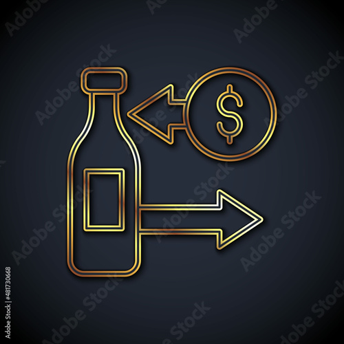 Gold line Reception and sale of glass bottles icon isolated on black background. Vector