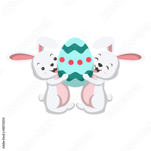 Two funny little white bunny holding an Easter egg