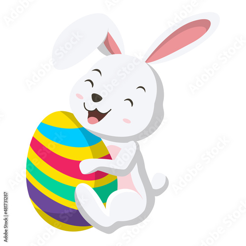 Cute little white bunny holding Easter egg