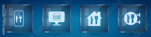 Set Online ordering and delivery, burger, and Cafe restaurant location. Square glass panels. Vector