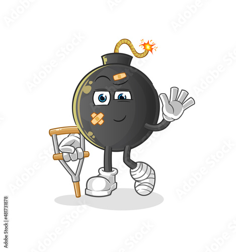 bomb sick with limping stick. cartoon mascot vector