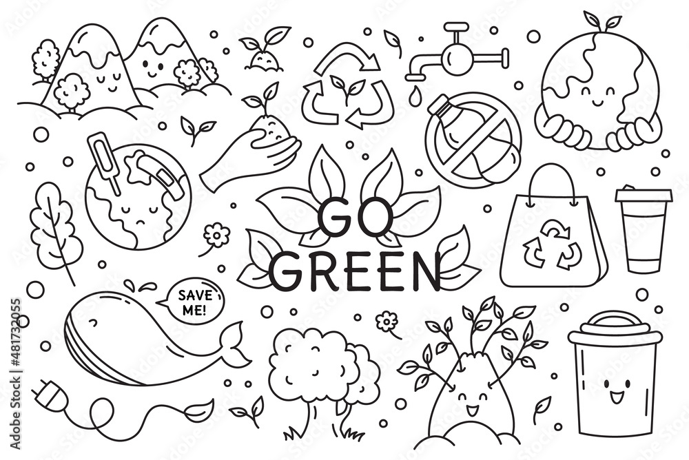 Doodles save nature, the environment and zero waste. Recycling, go green. Whale,planet,eco bag,plants and leaves,water and bottle. Isolated on a white background. Doodles save nature, the environment and zero waste. Recycling, go green. Whale,planet,eco bag,plants and leaves,water and bottle. Isolated on a white background.