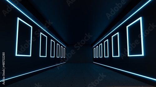 Fototapeta Naklejka Na Ścianę i Meble -  light in the tunnel. Neon background. Blue dark background.3D Rendering