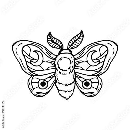 Celestial moth with half moon. Mystical butterfly. Hand drawn vector illustration.