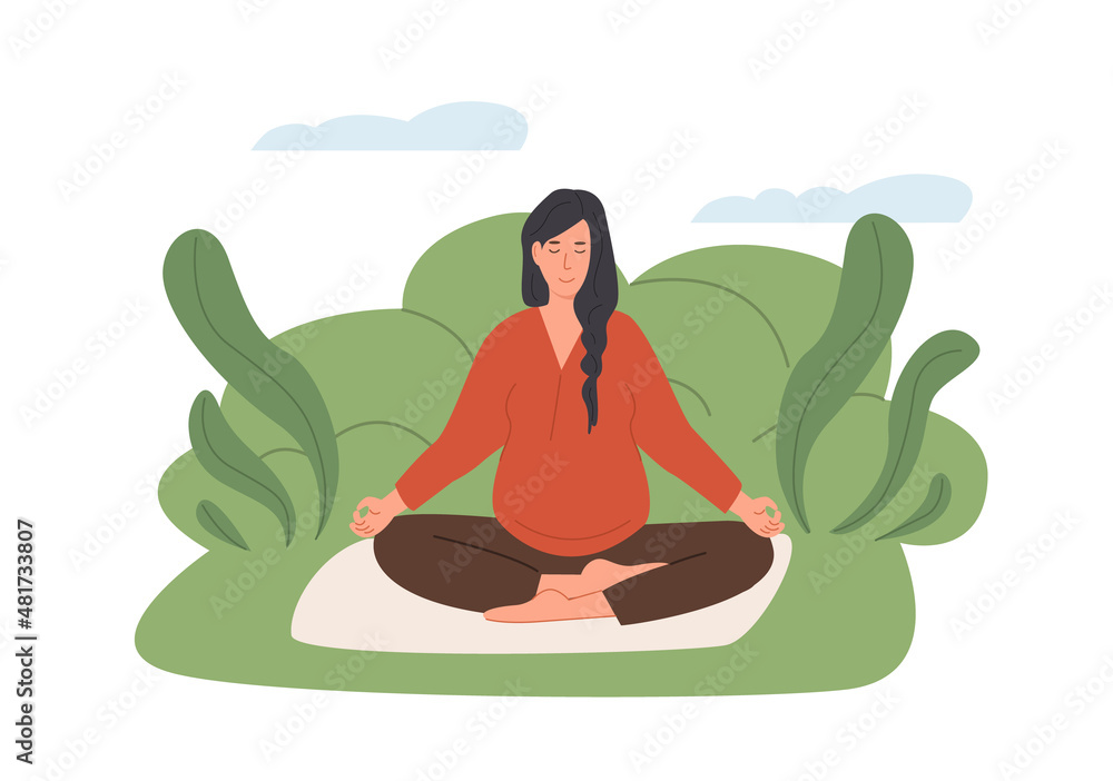 Pregnant woman meditating outdoors. Prenatal yoga. Woman in park sitting with legs crossed and practicing meditation. Relaxing exercise during pregnancy. Mother with belly. Flat vector illustration. Pregnant woman meditating outdoors. Prenatal yoga. Woman in park sitting with legs crossed and practicing meditation. Relaxing exercise during pregnancy. Mother with belly. Flat vector illustration.