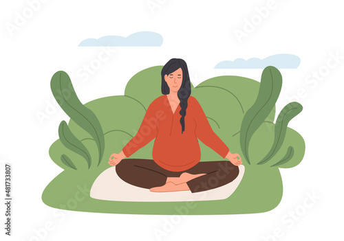 Pregnant woman meditating outdoors. Prenatal yoga. Woman in park sitting with legs crossed and practicing meditation. Relaxing exercise during pregnancy. Mother with belly. Flat vector illustration.