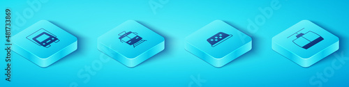 Set Isometric Delivery cargo truck, Tram and railway, Cable and Taxi roof icon. Vector