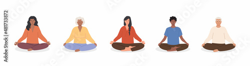Set of diverse female and male people meditating and doing yoga breathing exercise. Elderly and young woman and man practicing meditation. Vector illustration characters isolated on white background.