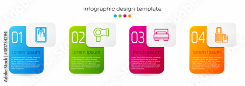 Set line Shower cabin, Hair dryer, Hotel room bed and Suitcase. Business infographic template. Vector