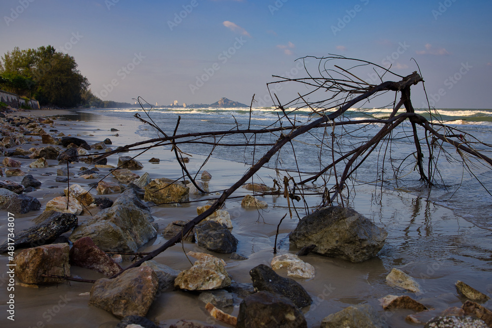 This is the nature beach of Khao Tao Hua Hin at night! In the background the sea has washed up branches and the stones look a beautiful natural idyll! This is the nature beach of Khao Tao Hua Hin at night! In the background the sea has washed up branches and the stones look a beautiful natural idyll!