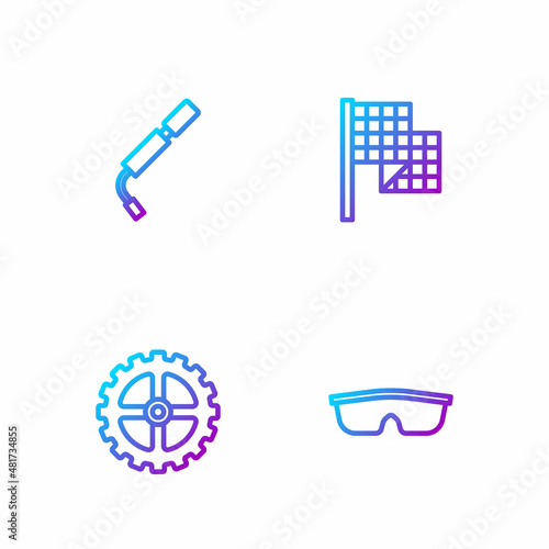 Set line Sport cycling sunglasses, Bicycle sprocket crank, air pump and Checkered flag. Gradient color icons. Vector