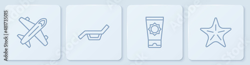 Set line Plane, Sunscreen cream in tube, Sunbed and umbrella and Starfish. White square button. Vector