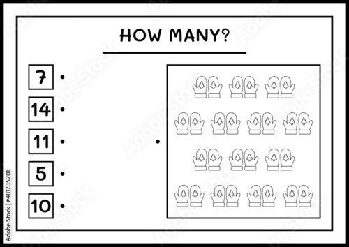 How many winter mittens, game for children. Vector illustration, printable worksheet