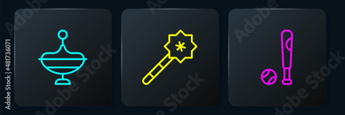 Set line Whirligig toy, Baseball bat with ball and Magic wand. Black square button. Vector