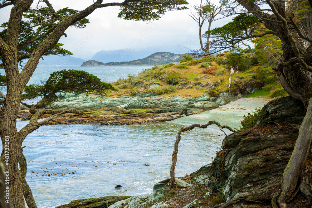 The green tinged rock and sand stand out along the shores of the Beagle channel at Ensenada Bay in Tierra del Fuego, Argentina The green tinged rock and sand stand out along the shores of the Beagle channel at Ensenada Bay in Tierra del Fuego, Argentina