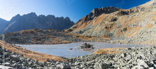 Fototapeta Naklejka Na Ścianę i Meble -  High Tatras - Slovakia - The the look to Zabie pleso lake with the Satan peak in the background in the morning light.