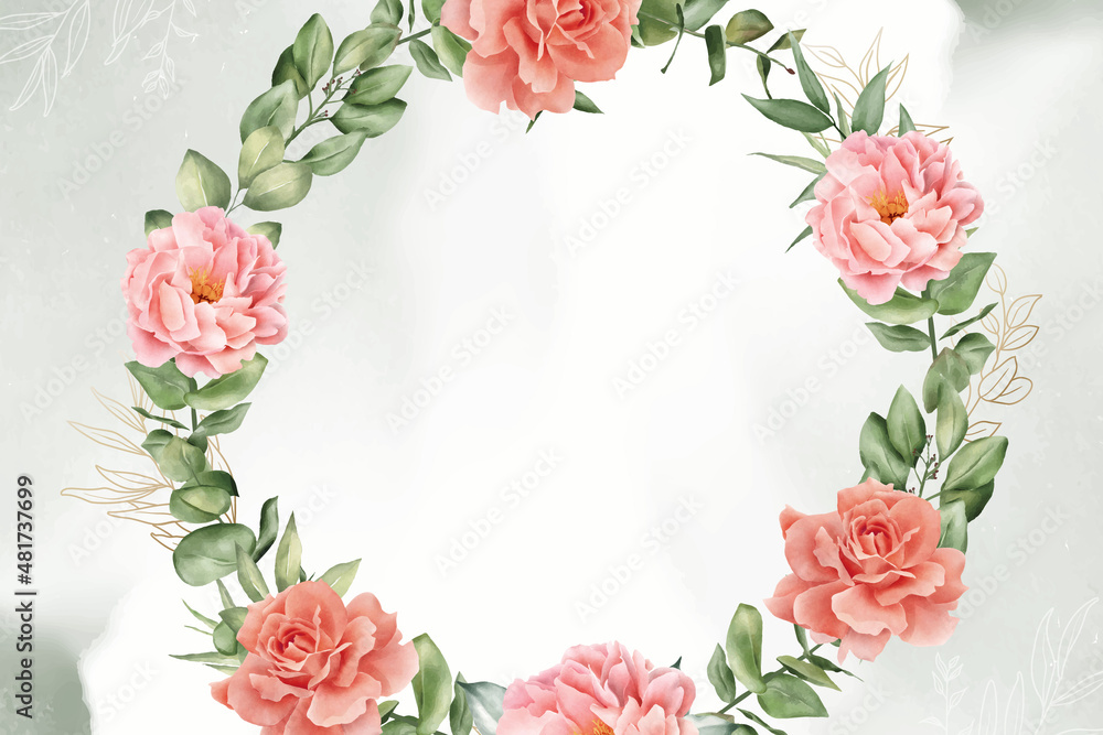Elegant Watercolor Floral Wreath Background Design with Hand Drawn Peony and Leaves