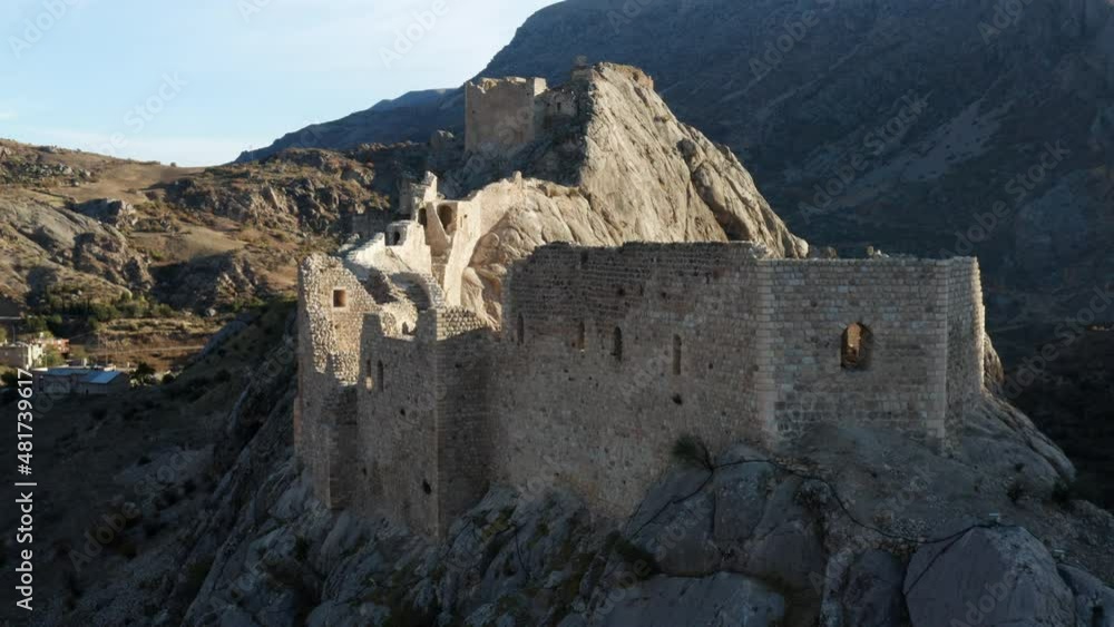 Ruins Of Kahta Castle Atop The Mountain Ridges In Adiyaman Province, Mesopotamia, Turkey. aerial Ruins Of Kahta Castle Atop The Mountain Ridges In Adiyaman Province, Mesopotamia, Turkey. aerial